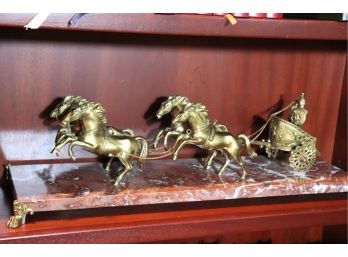 Brass Chariot And Four Horses Statue On A Marble Slab With Claw Foot Base