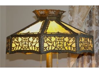 Fine Vintage Brass Slag Glass Floor Lamp With Filigree Metal Overlay On Shade