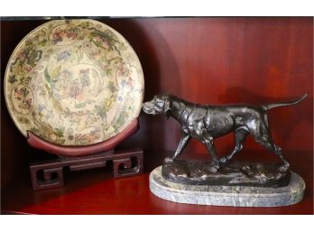 Vintage Bronze Walking Dog Signed C Masson With Decorative Asian Plate & Stand