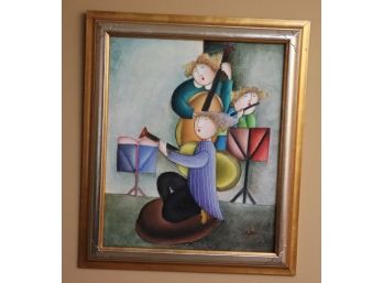 Signed J Roybal Oil On Canvas Painting With Whimsical “Children Musicians” In Silver & Gold Leafed Frame