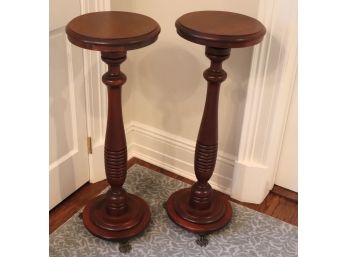 Pair Of Vintage Turned Pedestal Stands With 3 Bronze Colored Claw Feet