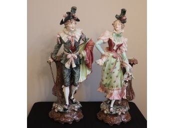 Pair Of TALL Vintage Highly Detailed Majolica Figurine Vases 31.5' Tall Each