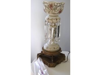 Antique Crystal Hand Painted Lamp With Filigree Detailed & Dolphin Feet Base