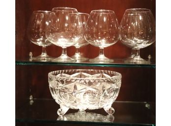 Cut Crystal Footed Bowl And 6 Brandy Snifter Glasses