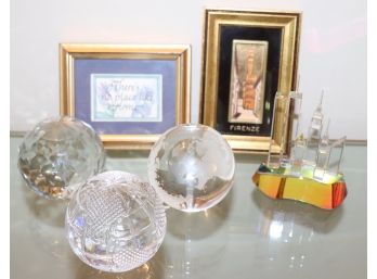 Faceted Spheres, World Globe And NYC Skyline Pre-2001 Crystal Paperweights And Framed Art