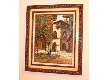 Vintage Oil On Canvas Painting Signed Crespi Italian Square Scene