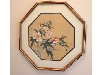 Vintage Signed P Chan Asian Artwork In Octagonal Shaped Bamboo Style Frame