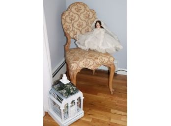 Vintage Victorian Style Vanity Chair With Doll In Bridal Gown & Decorative Bird Cage
