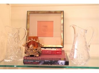 Vintage Etched Crystal Pitchers, Brass Toned Deer Head Votive Holder And Terracotta Embossed Plaque Frame