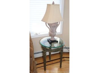 Beveled Glass Top Ornate Metal Base End Table And Carved Basketweave Grecian Urn Style Table Lamp