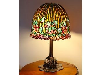 Vintage Lotus Flower Tiffany Style Stain Glass Table Lamp With Lily Pad Base