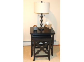 Pair Of Nesting Dark Finished Wood Tables & Decorative Accessories