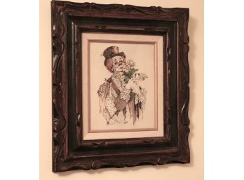 Vintage Artini Clown Print In Dark Wood Carved Frame