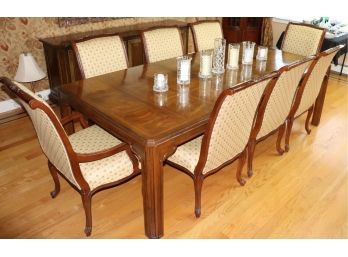 Large Vintage Traditional  Dining Table With 8 Upholstered Dining Chairs