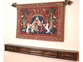 .Vintage A Mon Seul Desir The Lady And The Unicorn Medieval Style Tapestry & Heritage Banded Drawer Shelf