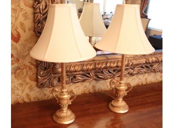 Pair Of Grecian Urn Style Table Lamps With Ornate Finials And Raw Silk Shades