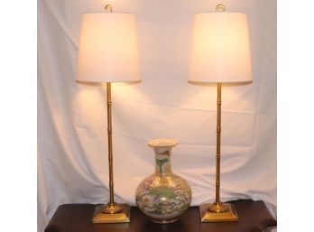 Hand Painted Japanese Vase With Gold Trim And Pair Of Bamboo Style Brass Tone BuffetConsole Table Lamps