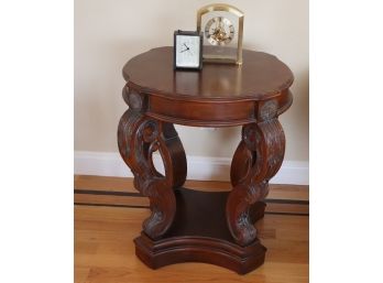 Ornate Carved Round End Table With Quartz Mantle Clocks By Seiko & Infinity