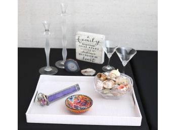 Lot Of Decorative Items Includes Crystal Candlesticks, Glass Kaleidoscope, Hand Painted Bowl & More