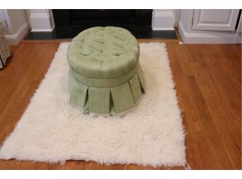 White Fluffy Flokati Hand Made Wool Pile Area Rug Made In Greece With Tufted Moss Green Ottoman