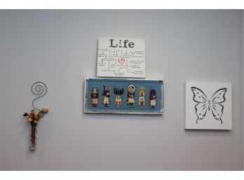 Decorative Wall Pieces Includes Life Sign, Butterfly, And Needlepoint Kachina Dolls