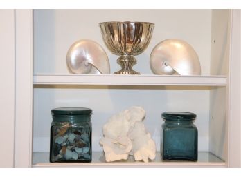Decorative Lot Including Large Snail Shells, Large Blue Glass Jars, Faux Coral & Large Metal Bowl On Pedestal