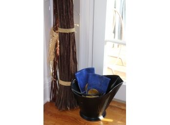 Tall Decorative Branch Bundle With Metal Coal Bucket And Gloves