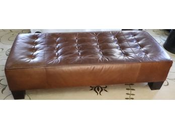 Crate & Barrel Brown Leather Tufted Table Ottoman With Dark Wood Legs
