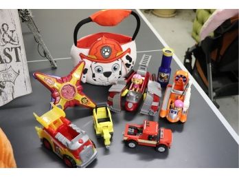 Lot Of Paw Patrol Toys Includes Assorted Vehicles And Basket