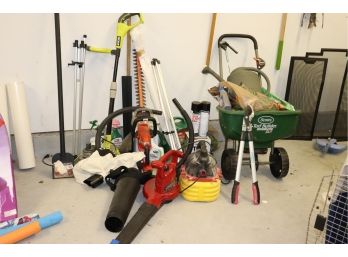 Lot Of Outdoor Tools Includes Ryobi, Black & Decker Hedge Trimmer, Scotts Seed Spreader & More