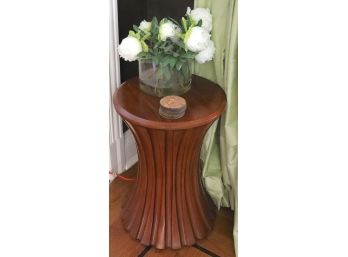 Global Views Carved Round Wood Side Table With Decorative Peonies Flowers & Cork Coasters