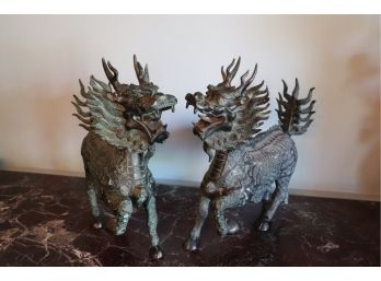 Pair Of 16 Tall Metal Dragon Statues With Bronze Patina Finish Beautiful Pair