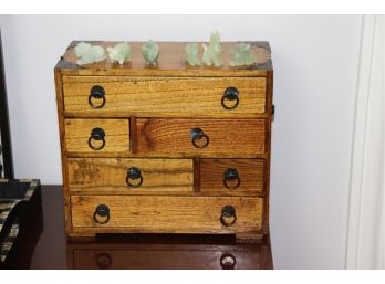 Chinese Style Wood Zodiac Box With Metal Detail & Padded Lined Drawers Includes Carved Green Stone Animals
