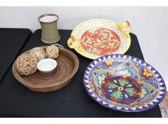 Lot Of Decorative Bowls Includes Painted Ceramic Bowls From Italy And Mexico With Woven Serving Dish & Bal