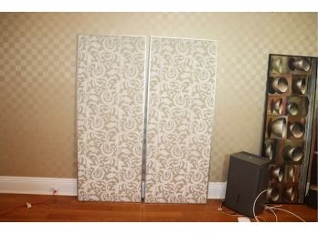 Pair Of Tall Cut Velvet On Linen Fabric Wall Panels With Damask Pattern, Taupe & Cream Colored In Heavy Frame