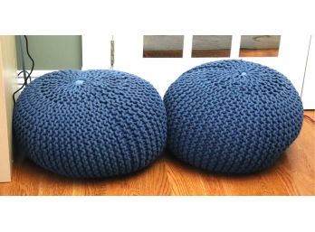 Pair Of Soft Blue Knitted Poofs, Very Comfortable Great For Kids Playroom