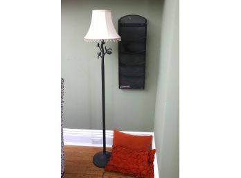 Tall Floor Lamp With Tassel Shade, Decorative Pillows And Metal Wall File Organizer