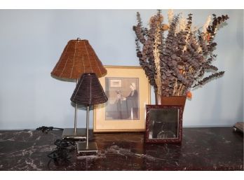 Mixed Lot Includes Decorative Lamps, Whistlers Mother With Dog Print, Small Mirror And Floral Basket