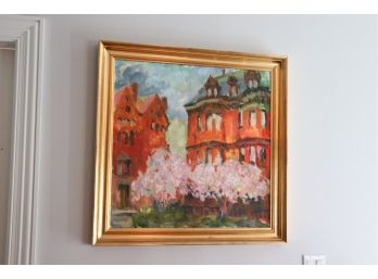 Signed Painting By Artist Bill St. George, Burberry Corner With Cherry Blossom Trees In Gold Wood Frame