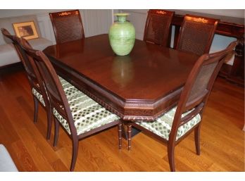 Antique Mahogany Wood Carved Dining Room Table With Custom Contemporary Style Modern Base & 6 Cane Back Ch