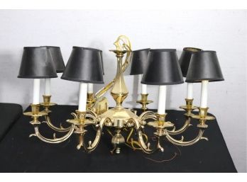 Brass Finished Federal Style Chandelier With 8 Arms And Black Shades