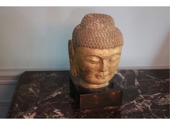 12 Tall Sandstone Buddha Head Sculpture On Marble Block Base With Gold Detail On Face