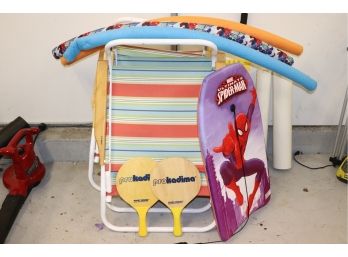 Summer Fun Beach Lot Includes Folding Beach Chairs, Spiderman Boogie Board, Paddles And Wacky Noodles