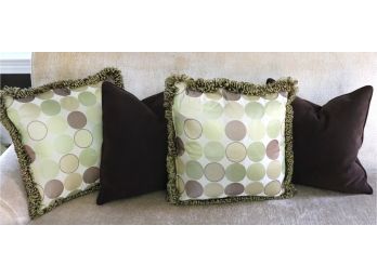 Set Of 4 Quality Decorative Pillows Includes 2 Suede Cloth Pillows & 2 Silk Polka Dot Pillows With Fringes
