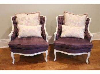 Pair Of Vintage French Style Chairs With Custom Purple Ultra Suede Fabric And Tufted Back