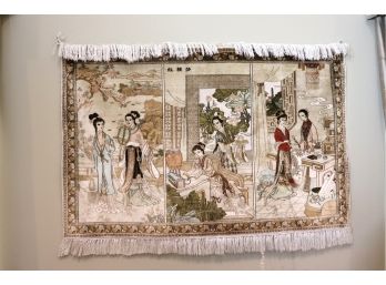 Gorgeous Handmade Silk Asian Wall Tapestry With Exceptional Fine Detail Signed By Artist