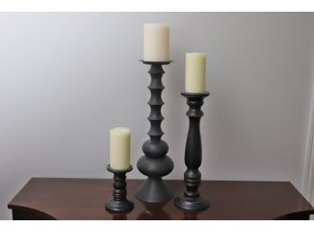 Set Of Decorative Wood And Metal Candlesticks With Candles Assorted Sizes Ranging From 7 Tall To 23 Tall