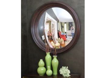 Round Decorative Wall Mirror With Set Of Key Lime Colored Crackle Finished Vases & Resin Corral Piece