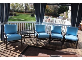 Set Of 4 Wide Outdoor Patio Chairs With Blue Cushions Includes Side Table