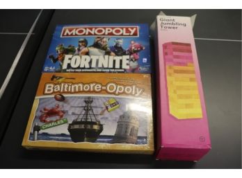 Fun Board Games Includes Monopoly Fortnite, Baltimore-opoly, And Giant Jumbling Tower